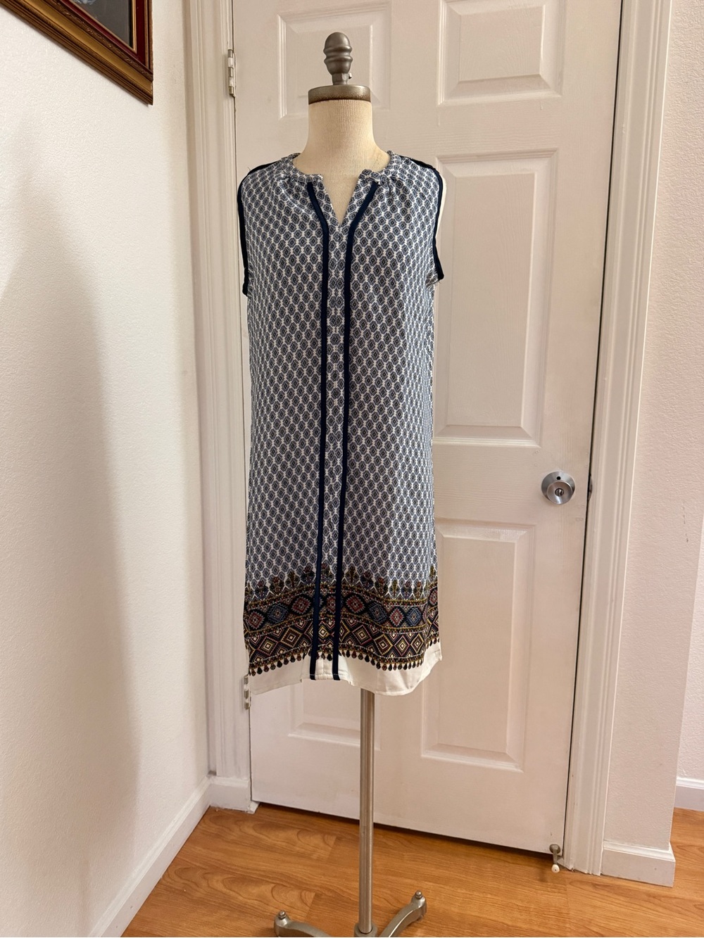NAIF Navy and White Printed Midi Shift Dress with Border Print